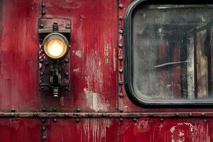 A red train car with a light on it photo