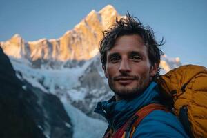 A man with a backpack and a mountain in the background photo