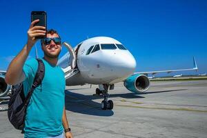 A man taking a selfie with his phone in front of an airplane photo