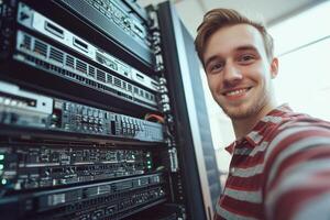 A man is smiling in front of a rack of servers photo