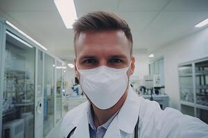 A man in a lab coat and mask taking a selfie photo