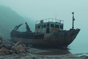 A boat is sitting on the shore photo