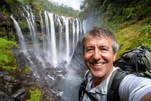 A man taking a selfie in front of a waterfall photo