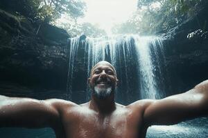A man is taking a selfie in front of a waterfall photo