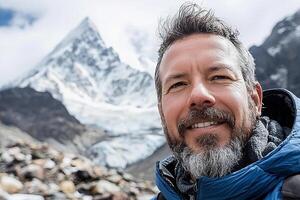 A man with a beard and blue jacket smiling in front of a mountain photo