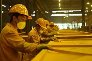 Workers in protective gear working on a large table photo
