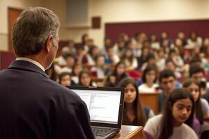 A man in a suit is giving a lecture to a large audience photo