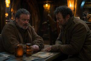 Two men sitting at a table in a tavern photo