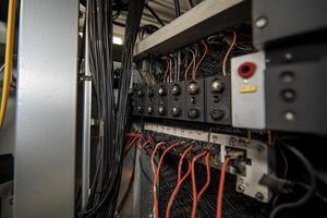 A close up of a computer with wires and cables photo