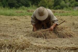 A man in a hat is working in a field photo