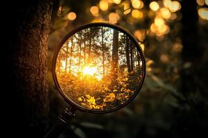 A magnifying mirror is shown in front of a tree photo
