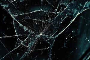 A broken glass window with a hole in it photo