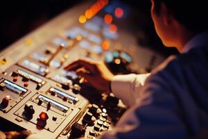 A person is using a control panel in a dark room photo