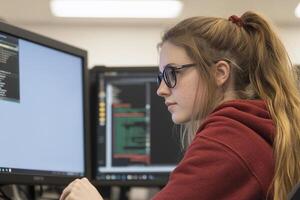 A girl in glasses is working on a computer photo