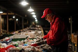 A man in a red jacket is sorting through trash photo