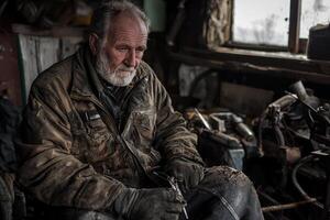 An old man sitting in a dirty workshop photo