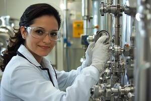 A woman in a lab coat is working on a machine photo
