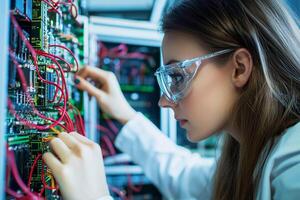 A woman in a lab coat is working on a computer photo