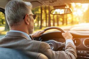 A man driving a car with the sun shining through the trees photo