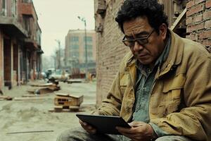 A man sitting on the ground with a tablet computer photo