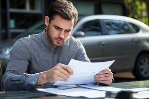 A man is reading a document while sitting in front of a car photo