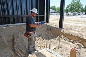 A man in a hard hat and safety glasses is using a tablet photo