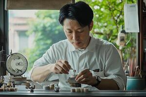 A man working on a watch in a workshop photo