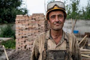 A man in a hard hat and overalls standing in front of a pile of bricks photo
