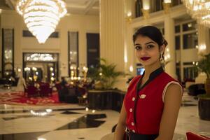A woman in a red dress standing in a lobby photo