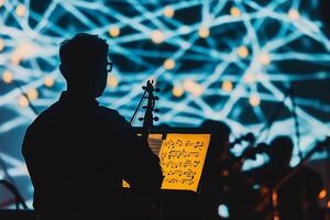 A man playing the violin in front of a large screen photo