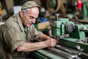 An older man working on a machine in a factory photo