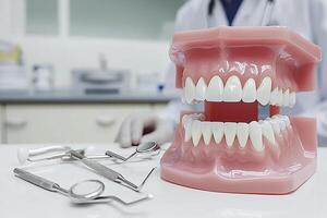 A model of a tooth with a dentist's tools photo
