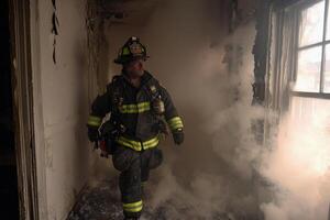 A firefighter walks through smoke in an abandoned building photo