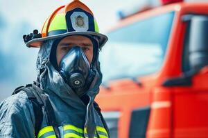 A firefighter wearing a gas mask and helmet photo