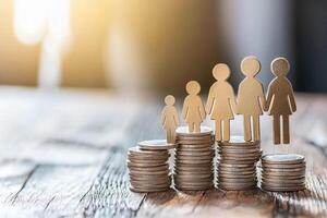 A stack of coins with a paper cutout of a family on top photo
