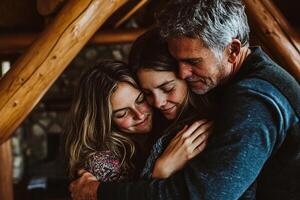 A man and two women hugging in a log cabin photo