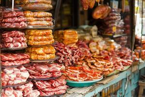 A display of meat and other food items photo