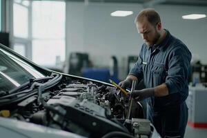 A man is working on the engine of a car photo