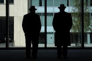 Two men in suits standing in front of a large window photo