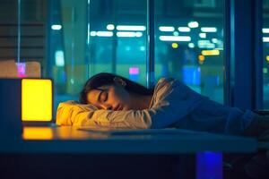 A woman sleeping on a table in front of a window photo