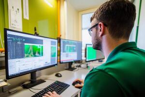A man in a green shirt is working on two computer screens photo