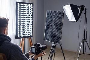 A man is taking a photo with a camera and a light