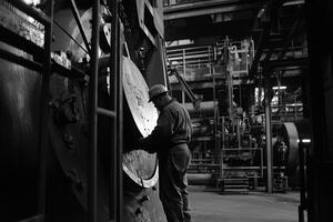 A man in a factory looking at a large metal object photo