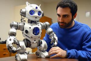 A man sitting at a table with a robot on his lap photo