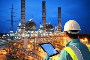 A man in a hard hat and safety vest holding a tablet computer in front of an oil refinery photo