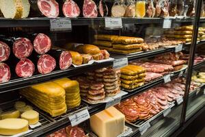 A display case filled with various types of meat photo