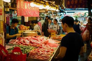 A man standing in front of a market with meat on display photo