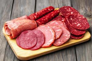 A cutting board with various meats on it photo