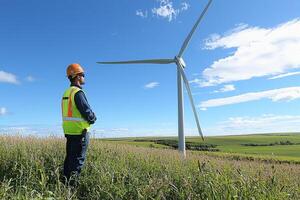 A man in a hard hat standing in a field next to a wind turbine photo