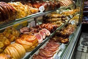 A display case filled with various types of food photo